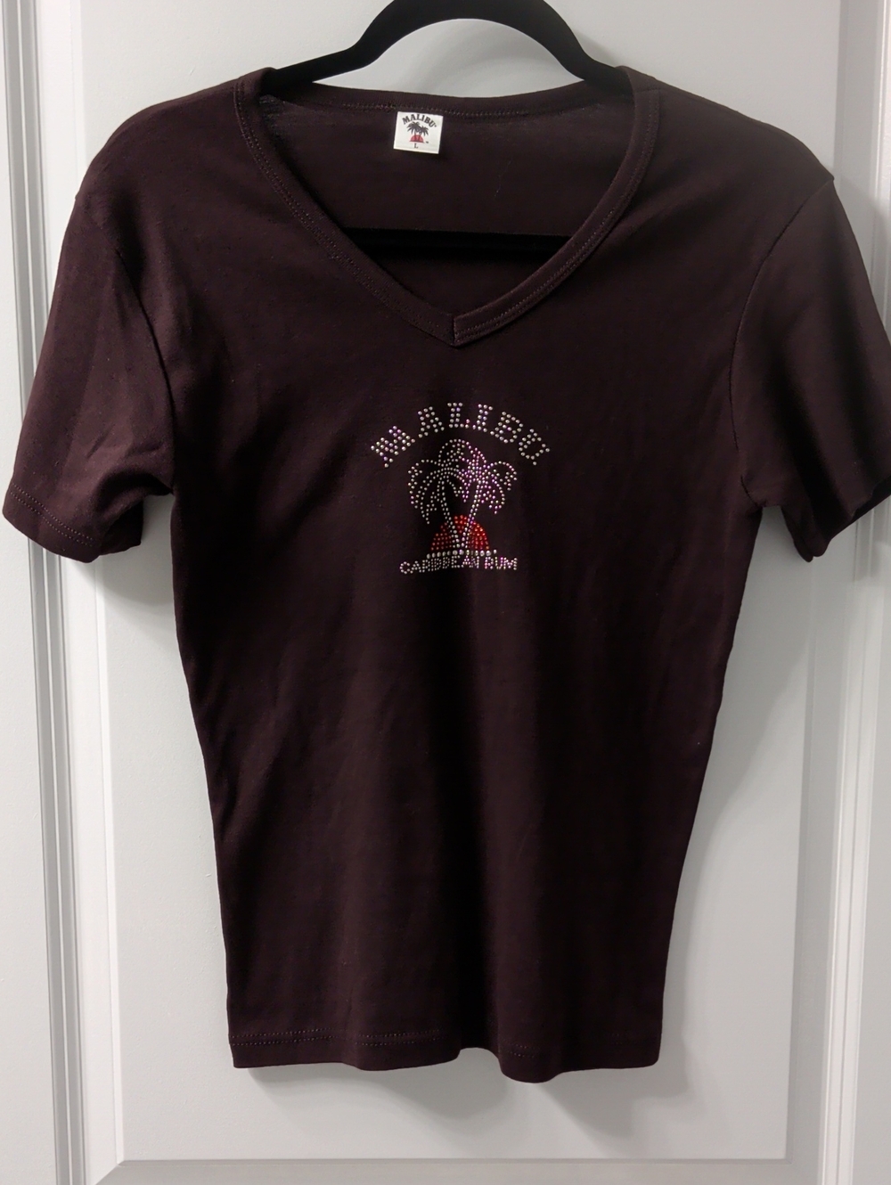 Malibu Brown V-Neck Tee with Rhinestone Palm Graphic